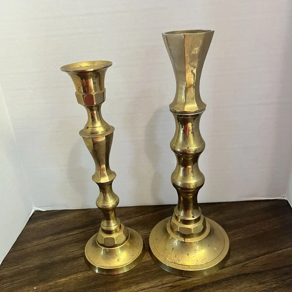 2 Large Brass Candlestick Vintage Candle Holder patina aged tall heavy India
